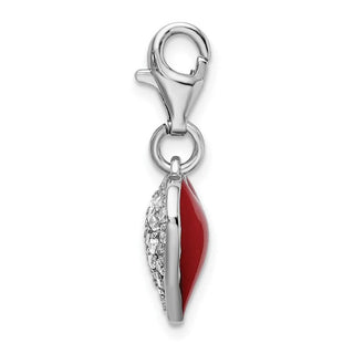 Rhodium-Plate Sterling Silver 3-D CZ and Red Enamel Heart w/ Lobster Clasp Charm