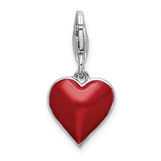 Rhodium-Plate Sterling Silver 3-D CZ and Red Enamel Heart w/ Lobster Clasp Charm