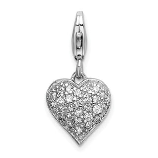 Rhodium-Plate Sterling Silver 3-D CZ and Red Enamel Heart w/ Lobster Clasp Charm