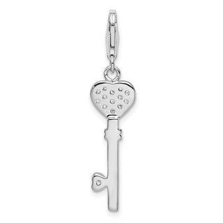Rhodium-Plated Sterling Silver Heart Top CZ Key w/Lobster Clasp Charm