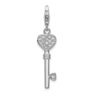 Rhodium-Plated Sterling Silver Heart Top CZ Key w/Lobster Clasp Charm
