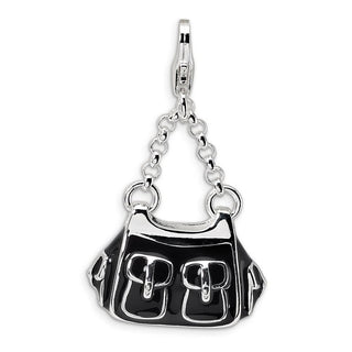 Sterling Silver 3-D Enameled Black Handbag w/Lobster Clasp Charm