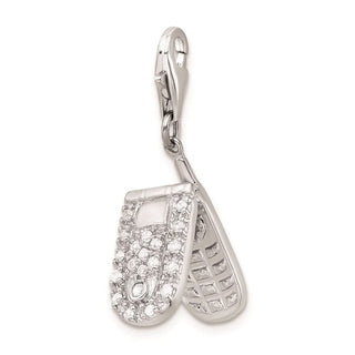 Rhodium-Plated Sterling Silver Flip Cell Phone CZ w/Lobster Clasp Charm