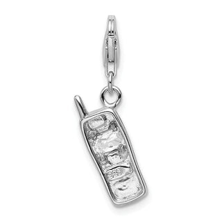 Rhodium-Plated Sterling Silver Polished Cell Phone w/CZ Lobster Clasp Charm