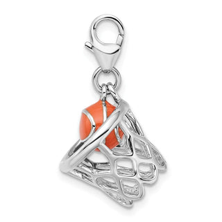 Sterling Silver 3-D Enameled Basketball In Net w/Lobster Clasp Charm