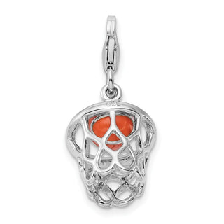 Sterling Silver 3-D Enameled Basketball In Net w/Lobster Clasp Charm