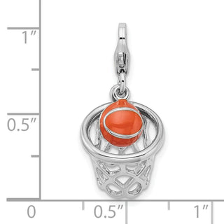 Sterling Silver 3-D Enameled Basketball In Net w/Lobster Clasp Charm