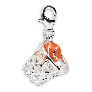 Sterling Silver 3-D Enameled Basketball In Net w/Lobster Clasp Charm