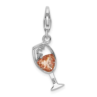 Rhodium-Plated Sterling Silver Open Champaign Glass w/Lobster Clasp Charm