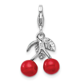 Sterling Silver 3-D Enameled Red Cherries w/Lobster Clasp Charm