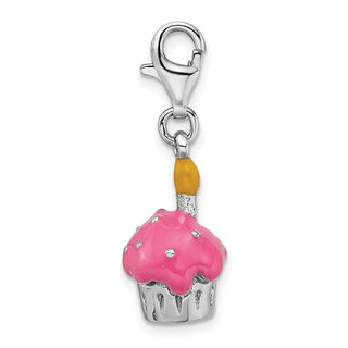 Sterling Silver 3-D Enameled Cupcake and Candle w/ Lobster Clasp Charm