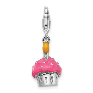Sterling Silver 3-D Enameled Cupcake and Candle w/ Lobster Clasp Charm