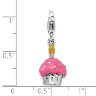 Sterling Silver 3-D Enameled Cupcake and Candle w/ Lobster Clasp Charm
