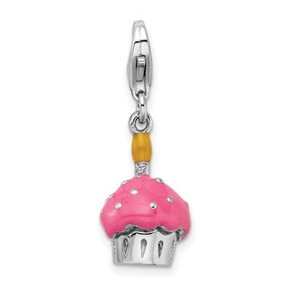 Sterling Silver 3-D Enameled Cupcake and Candle w/ Lobster Clasp Charm