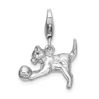 Sterling Silver 3-D Polished Kitten and Ball w/ Lobster Clasp Charm