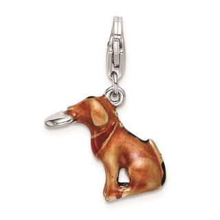 Sterling Silver 3-D Enamel Light Brown Dog and Toy w/ Lobster Clasp Charm