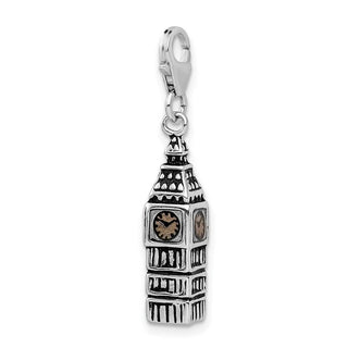 Sterling Silver 3-D Antiqued Big Ben w/Lobster Clasp Charm