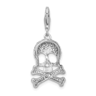 Rhodium-Plated Sterling Silver CZ Skull and Cross Bones w/Lobster Clasp Charm