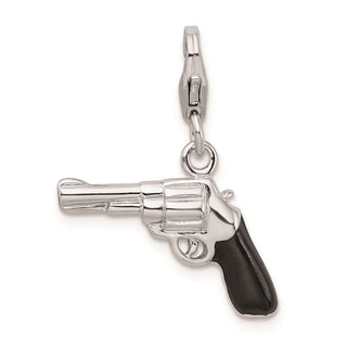 Rhodium-Plated Sterling Silver 3-D Enameled Pistol w/Lobster Clasp Charm