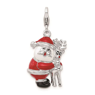 Sterling Silver 3-D Enameled Santa and Reindeer w/ Lobster Clasp Charm