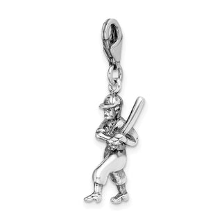 Sterling Silver 3-D Antiqued Baseball Player w/Lobster Clasp Charm