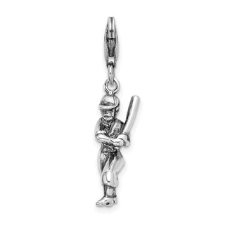 Sterling Silver 3-D Antiqued Baseball Player w/Lobster Clasp Charm