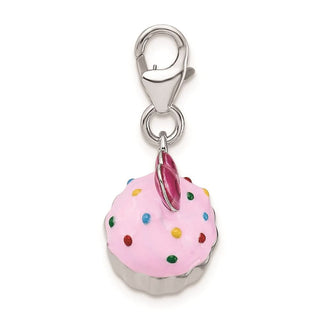 Sterling Silver Enameled 3-D Cupcake and Heart w/ Lobster Clasp Charm