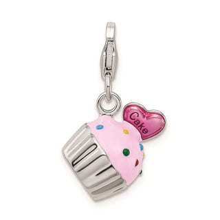 Sterling Silver Enameled 3-D Cupcake and Heart w/ Lobster Clasp Charm