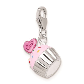 Sterling Silver Enameled 3-D Cupcake and Heart w/ Lobster Clasp Charm