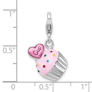 Sterling Silver Enameled 3-D Cupcake and Heart w/ Lobster Clasp Charm