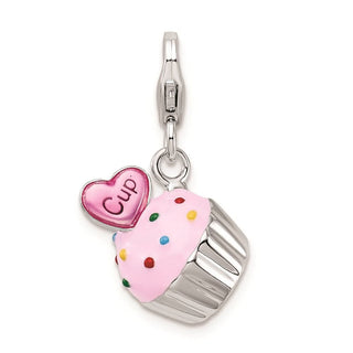 Sterling Silver Enameled 3-D Cupcake and Heart w/ Lobster Clasp Charm