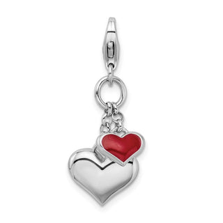 Rhodium-Plated Sterling Silver Enameled Double Heart w/Lobster Clasp Charm