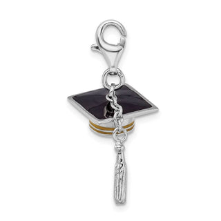 Rhodium-Plated Sterling Silver 3-D Enameled Graduation Cap W/Lobster Clasp Charm