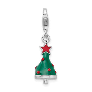 Rhodium-Plated Sterling Silver 3-D Enameled Christmas Tree W/Lobster Clasp Charm