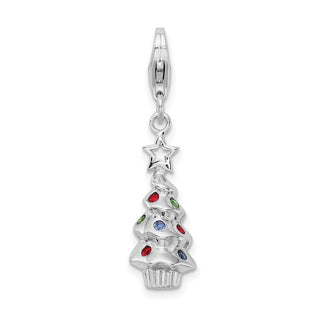 Rhodium-Plated Sterling Silver Multicolor Glass Tree w/Lobster Clasp Charm