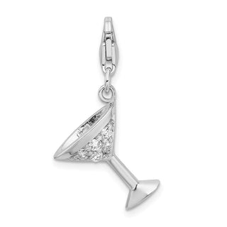Sterling Silver CZ Rhodium Plated 3-D Martini Glass w/Lobster Clasp Charm
