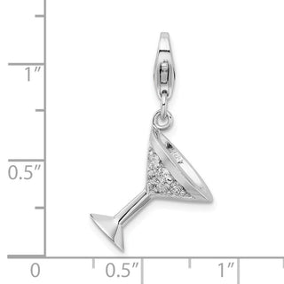 Sterling Silver CZ Rhodium Plated 3-D Martini Glass w/Lobster Clasp Charm