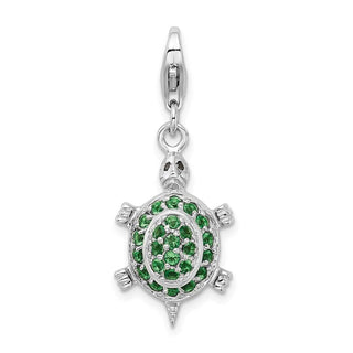 Sterling Silver Rhodium Plated CZ Green Turtle w/Lobster Clasp Charm
