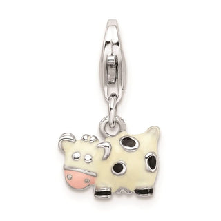 Rhodium-Plated Sterling Silver Enameled Cow w/Lobster Clasp Charm