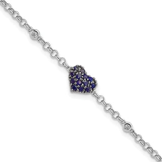 7" Sterling Silver Rhodium-plated Diamond & Sapphire Heart Bracelet