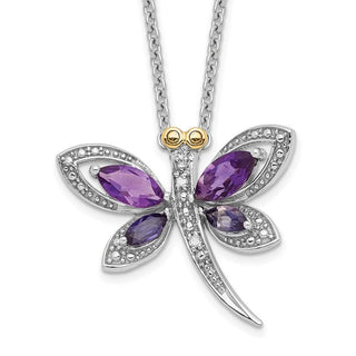 Sterling Silver & 14k Yellow Gold Accent Amethyst/Iolite/Diamond Dragonfly 18inch Necklace