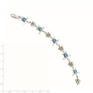 7" Sterling Silver Lab-Created Blue Opal Inlay Turtle Design w/ Flower Bracelet