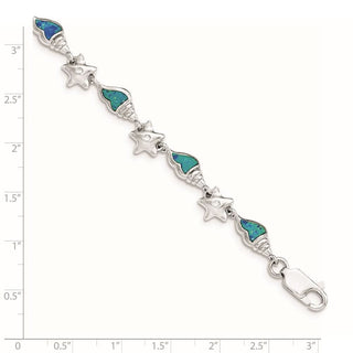 7.25" Sterling Silver Starfish CZ & Lab-Created Opal Seashell Bracelet