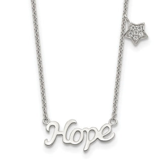 Rhodium-plated Sterling Silver HOPE CZ Star 16in w/2 in ext Necklace
