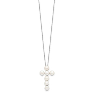 17" Sterling Silver Rhodium-plated 6-7mm White Freshwater Cultured Pearl Cross Necklace