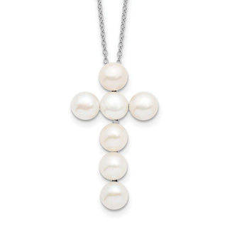 17" Sterling Silver Rhodium-plated 6-7mm White Freshwater Cultured Pearl Cross Necklace
