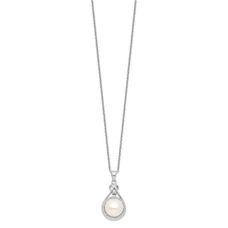 17" Sterling Silver Rhodium-plated 10-11mm White Freshwater Cultured Pearl CZ Necklace