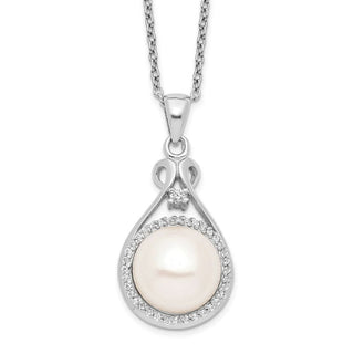 17" Sterling Silver Rhodium-plated 10-11mm White Freshwater Cultured Pearl CZ Necklace