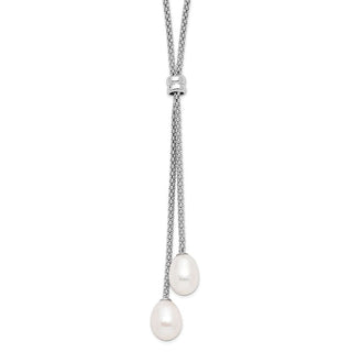 16" Sterling Silver Rhodium-plated 7-8mm Freshwater Cultured Pearl 2 in Ext Drop Necklace