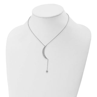 Sterling Silver Rhodium-plated CZ Moon and Star w/2in ext. Necklace